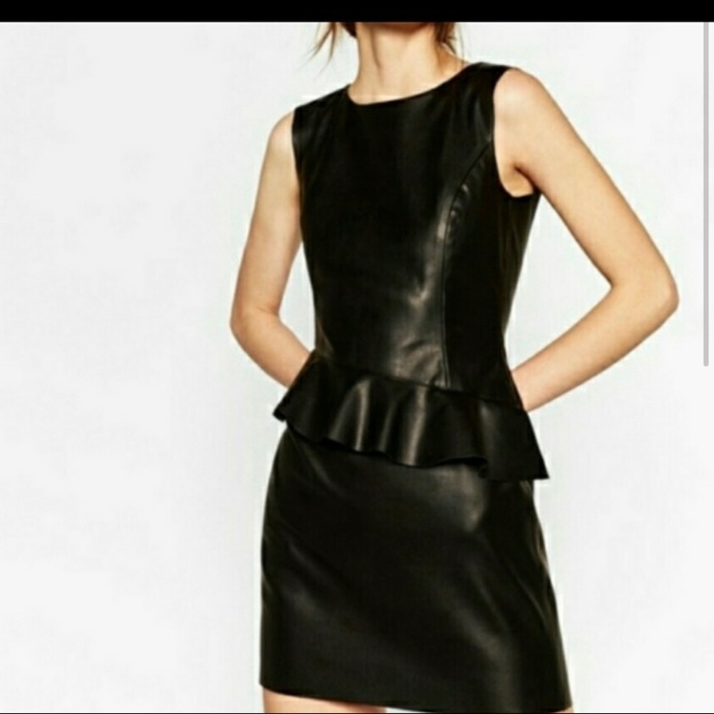 Zara black leather peplum dress M